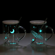 夜光耐热玻璃杯子带把星空办公室男女水杯茶咖啡透明马克杯带盖勺