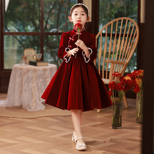 红色女童走秀礼服公主裙秋季主持人花童婚礼小女孩指挥钢琴演出服