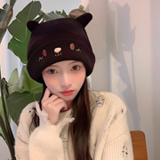 韩版猫咪耳朵针织帽子女秋冬可爱卡通，毛线帽护耳，帽学生月子包头帽(包头帽)