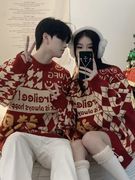 国潮美式hiphop圣诞情侣毛衣男女秋冬款设计感慵懒风红色针织线衫