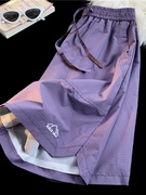 大码运动短裤女夏外穿紫色网眼透气速干美式复古阔腿情侣五分裤子