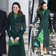 高端定制凯特王妃同款墨绿色双排扣羊毛大衣，外套长款修身端庄大方