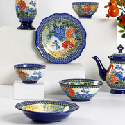omk创意波兰风陶瓷盘子手绘釉下彩不规则，草帽汤盘家用菜盘碗组合