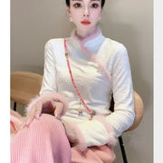 秋冬季新中式国风女装加绒打底衫女显瘦衬衣，网红复古保暖绒衫t恤