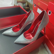 网红超细高跟鞋欧美尖头浅口10厘米银色格力特时尚婚宴红底女单鞋