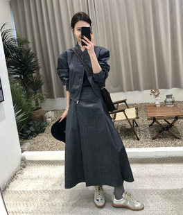 2024春季韩版设计感两件套夹克短外套，女+压褶高腰半身裙长裙套装