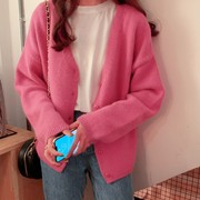 2023秋季韩版开衫毛衣女(毛，衣女)宽松外穿慵懒风，蜜桃粉玫红色针织外套