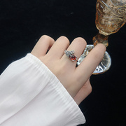 泰银石榴石铜钱貔貅戒指s925纯银女个性创意款女生活口红宝石指环