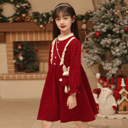女童冬装加绒连衣裙子洋气女大童，新年装红色年服丝绒中大童连衣裙