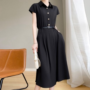 黑色短袖衬衣领连衣裙女设计感气质醋酸高端大牌法式赫本风裙子夏