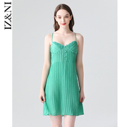 iizzini原创吊带睡裙，女夏薄款真丝桑蚕丝，雀绿压褶奢华家居睡衣裙