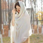 沙漠茶卡盐湖丝巾纯色遮阳披肩，纱巾棉麻长款纯色蕾丝拼接包头头巾