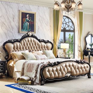 欧式田园公主1.8米双人储物婚床 全实木真皮床 高档法式卧室家具