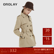 orolay欧绒莱24年春秋，双排扣英伦风收腰中长款外套女风衣