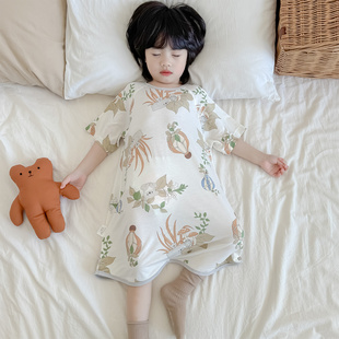 儿童睡袍夏季短袖薄款冰感天丝宝宝小孩连体睡衣防着凉男童家居服