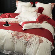 素雅民族风床上四件套纯棉100S澳棉花卉刺绣拼接红色结婚被套床单