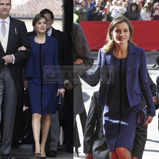 高端私人定制西班牙王后同款藏蓝色羊毛西装外套+连衣裙时尚套装