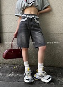 wuu韩国夏季小众设计蕾丝，花边五分牛仔裤女高腰显瘦阔腿中裤