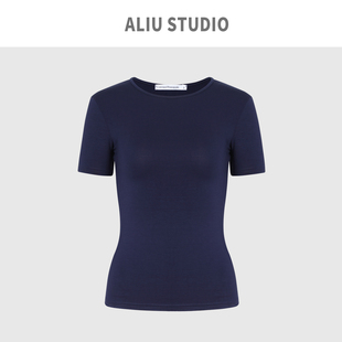 Aliu Studio裸感面膜欧美性感收腰基础正肩T恤修身短袖女夏紧身版