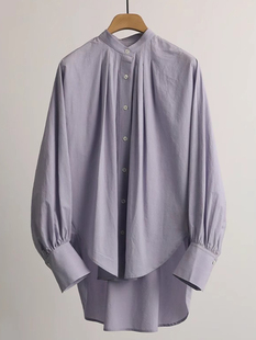 紫色高级感衬衫设计蝙蝠，袖立领宽松衬衣女，前短后长独特防晒服