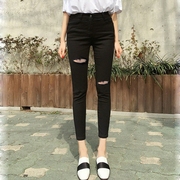 黑色牛仔裤女士小脚裤春秋，九分韩版学生紧身高腰，潮流破洞长裤