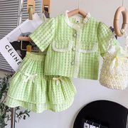 夏季小女孩儿童宝宝小香风绿色格花边短袖T恤衬衫上衣短伞裙套装