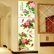 客厅水晶三联画花卉走廊过道，玄关装饰画无框画竖版挂画墙壁画牡丹