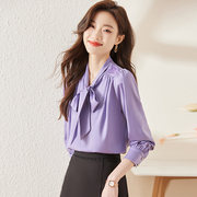 紫色雪纺衬衫女2024春秋季职业上衣设计感蝴蝶结法式长袖衬衣
