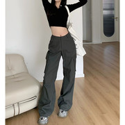 SUN11 深灰色美式甜酷高腰直筒工装裤女2024设计感显瘦休闲裤