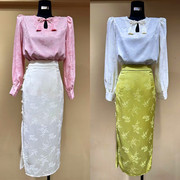 luo新中式国风提花缎面泡泡袖洋气，上衣+盘扣提花高腰开叉半身长裙