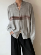 雨东林/韩版条纹针织开衫男小众设计感双开拉链立领百搭长袖毛衣