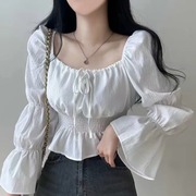 韩国chic春季纯色防晒雪纺衫方领泡泡袖设计感收腰长袖气质上衣女