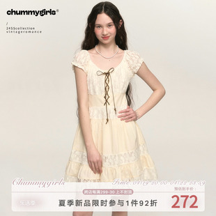 chummygirls 原创法式复古蕾丝花边系带A字抽褶收腰泡泡袖连衣裙