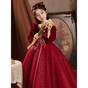 儿童礼服钢琴演奏女童高端公主裙红色主持人，花童小女孩演出服秋季