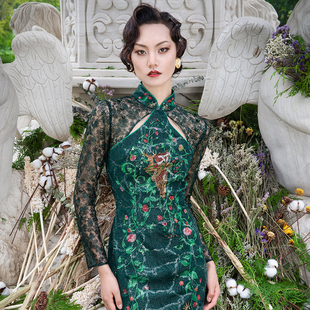 magicq独家原创设计改良旗袍墨绿色蕾丝，印花气质连衣裙长款