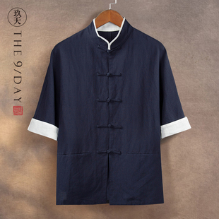 夏季中国风唐装中袖亚麻衬衫中式男装棉麻短袖上衣高端茶服商务