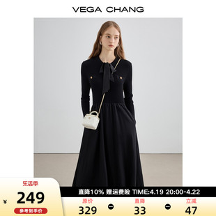 vegachang长袖连衣裙，女2024春秋，显瘦气质针织拼接裙子