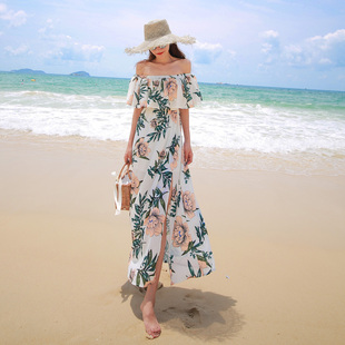 连衣裙女夏一字领雪纺露肩性感显瘦长裙泰国超仙海边度假沙滩裙