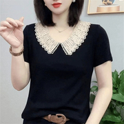 夏季新款洋气减龄花边娃娃领短袖t恤女显瘦宽松大码女装妈妈小衫