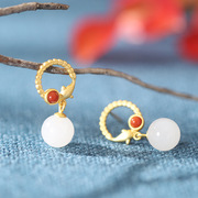 海豚耳钉设计925银镶嵌南红玛瑙石和田玉复古女环形耳环耳坠