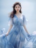 2023夏季法式独特绝美高端欧货洋气超仙蓝色雪纺连衣裙女神范