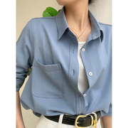 韩系蓝色衬衫女春秋，长袖polo领衬衣，女装设计感小众上衣