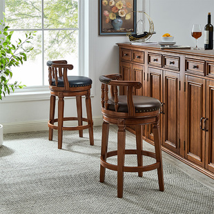 美式实木高椅子吧台椅家用真皮吧椅厨房复古欧式简约高脚凳吧台凳