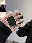 小香风珍珠水钻适用苹果iwatch8表带高级感链条手表带ApplewatchS9Ultra奢华时尚7/6/5/4/3/2/1代41/45mm女款