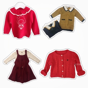 外贸清90-110韩国原单女童毛衣裙(毛衣裙)羊毛针织衫红色背心裙娃娃领