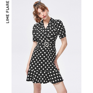 莱茵商场同款2023夏季波点翻领修身连衣裙泡泡袖小众设计感女