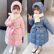 女童冬季加长款棉衣小学生幼儿园棉服棉袄裙摆式韩版蝴蝶结公主洋