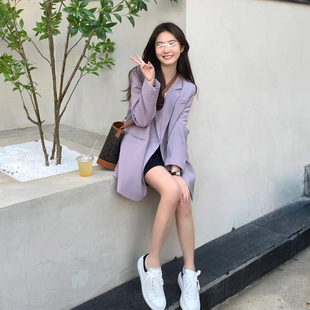 高级感紫色西装外套，女ins潮春秋，韩版小个子宽松休闲西服