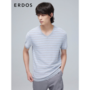 ERDOS 男装丝棉混纺T恤23夏季V领条纹提花休闲舒适针织短袖