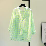 果绿色单口袋(单口袋)纯棉，格子衬衫女2024春季韩版宽松休闲衬衣上衣潮